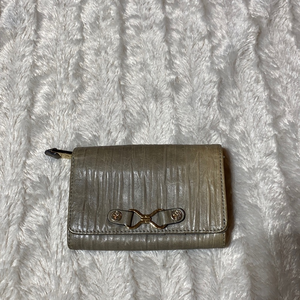 Cole Haan wallet gray leather many pockets silver zippers and clasp